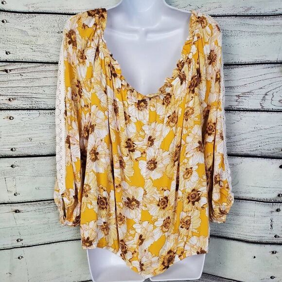 Maurices Women’s Plus Size 2X Yellow Floral Peasant Blouse Crochet Sleeve Detail - Picture 5 of 7
